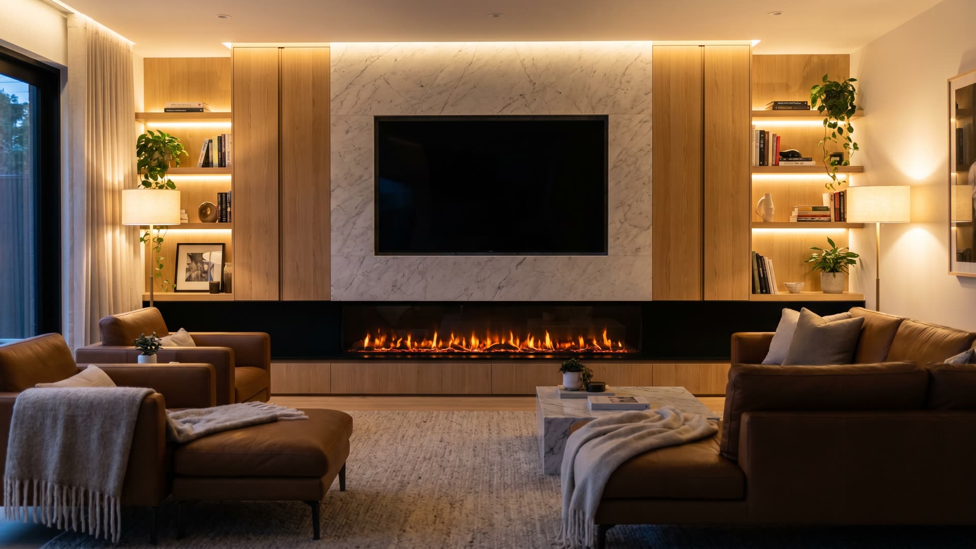 Luxe cinewall met een tv-wand in eiken en marmer en een lineaire sfeerhaard in een warme woonkamer