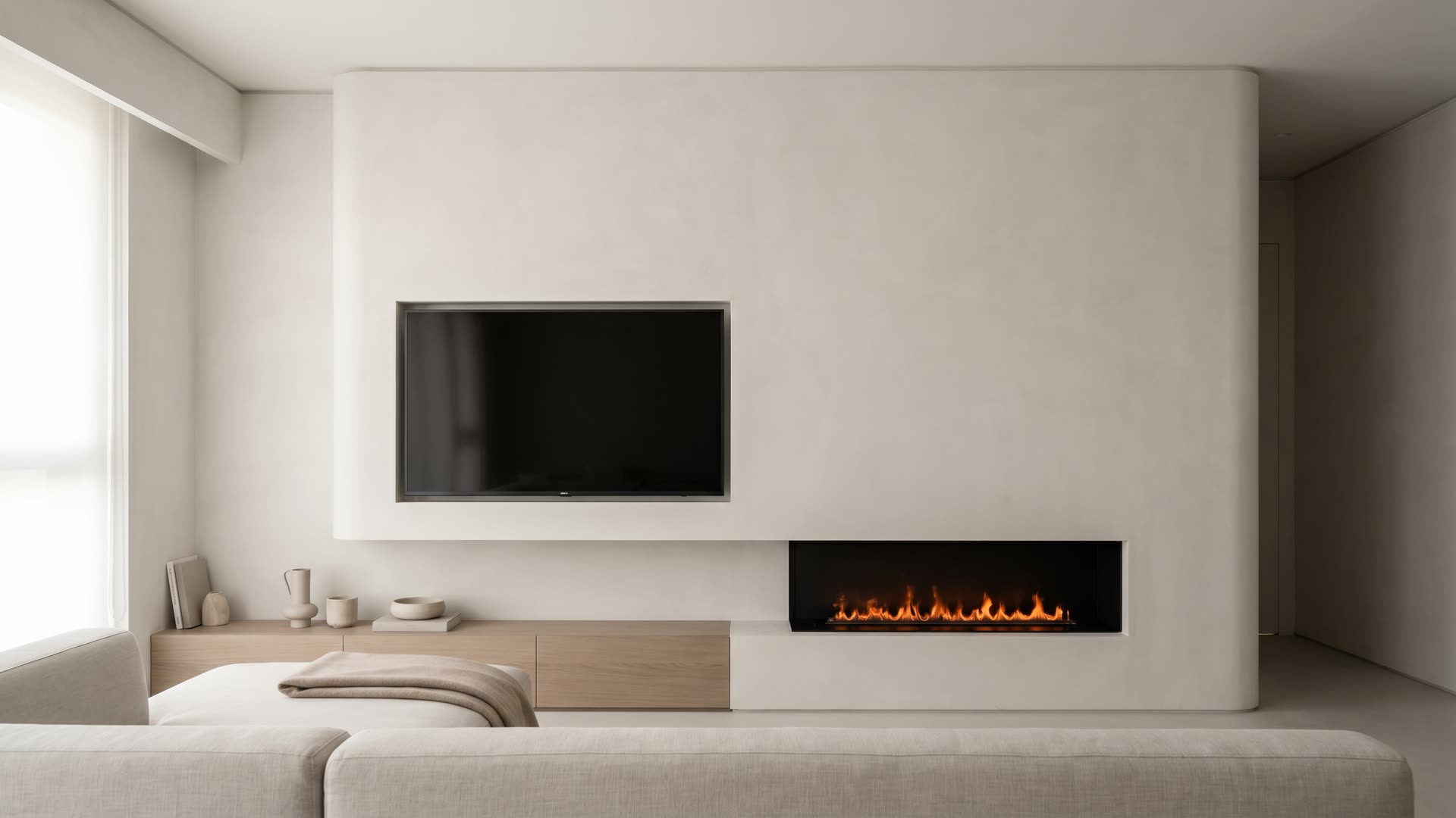 Minimalistische cinewall in naadloos microcement met een lineaire sfeerhaard