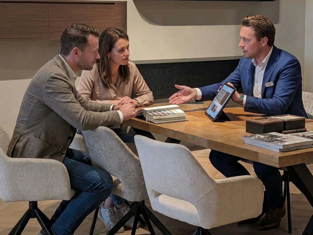 Adviesgesprek aan tafel in de showroom, met materiaalstalen en een ontwerp op de tablet