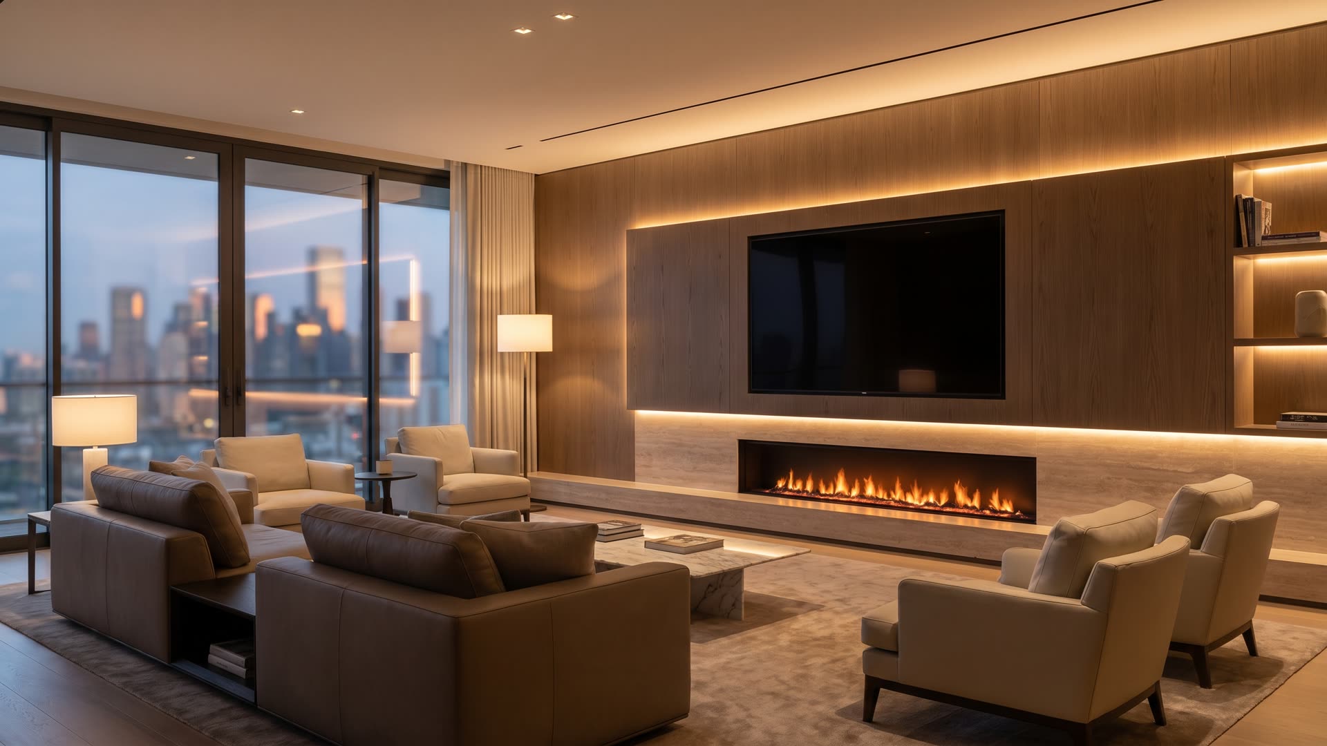 Sfeervolle cinewall met tv-wand en lineaire sfeerhaard in een luxe woonkamer bij avondlicht