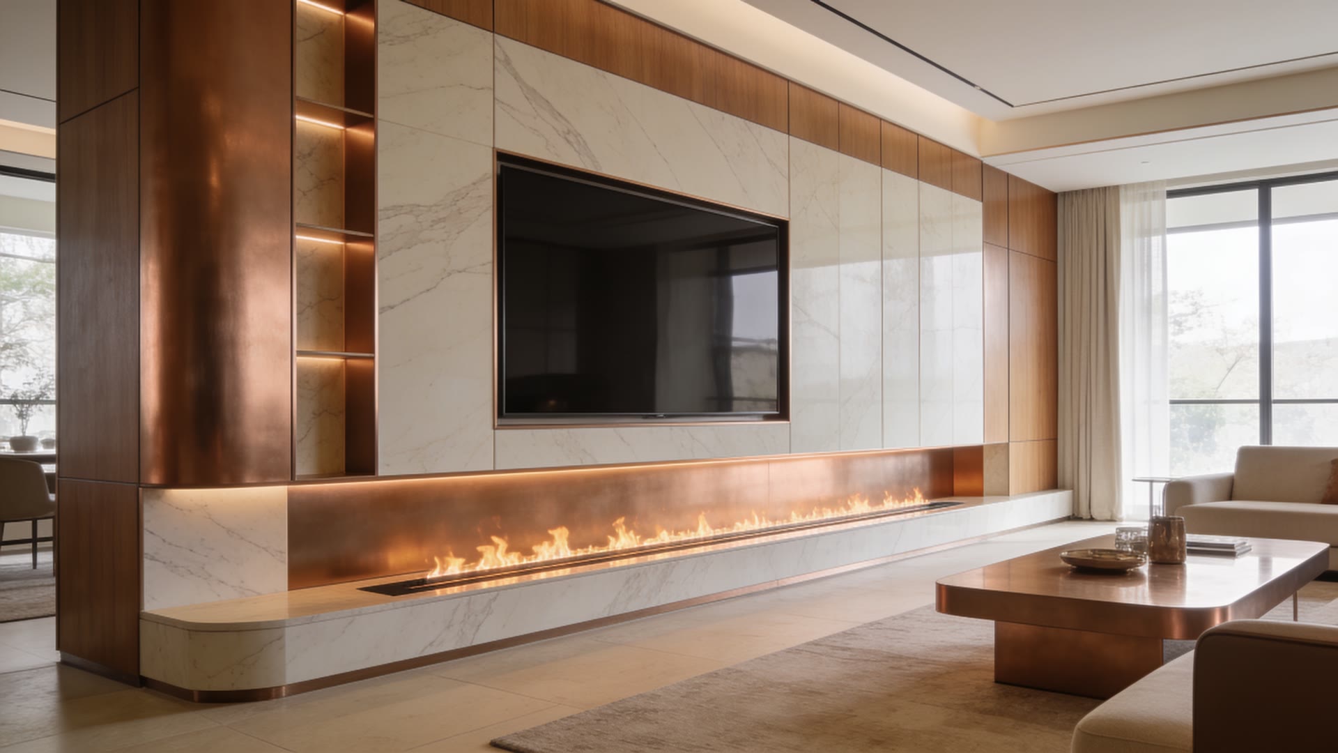 Luxe cinewall op maat met book-matched marmer, eiken en een panoramahaard in een lichte woonkamer