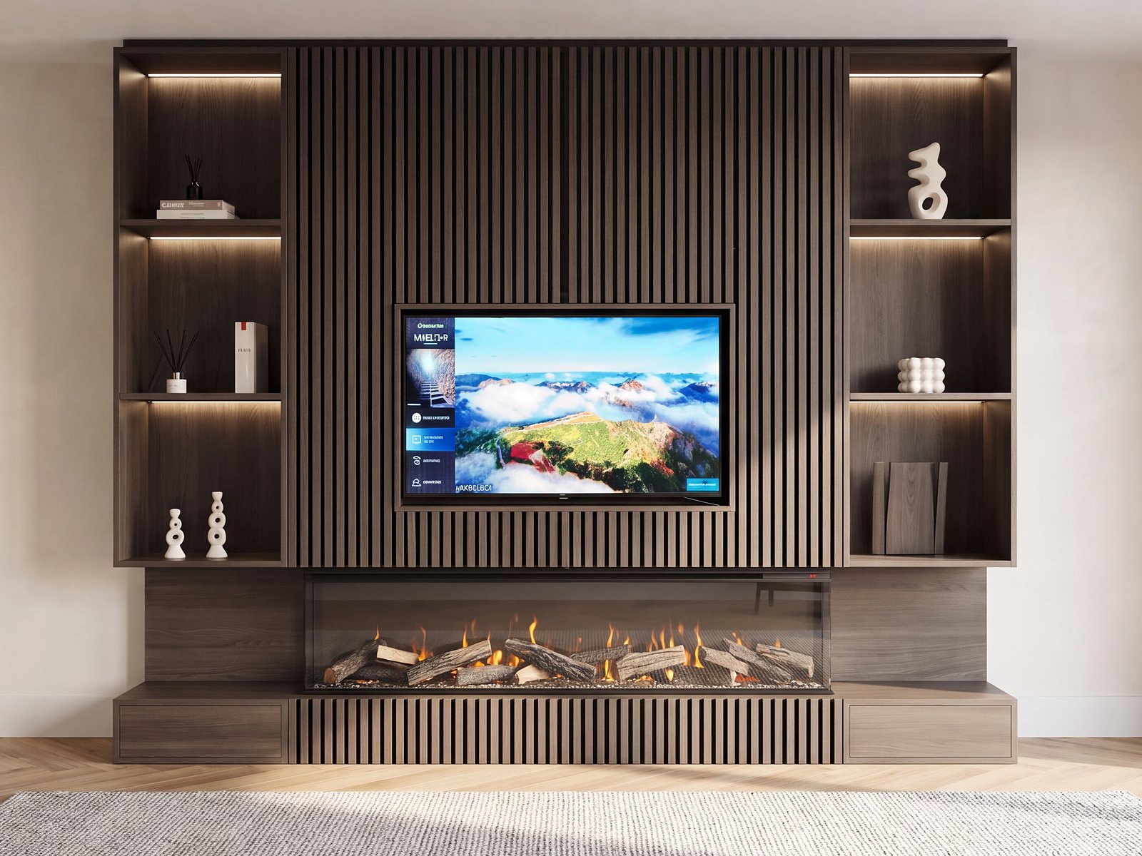 Lamellenwand in donker hout met verzonken televisie en driezijdige haard met houtblokken