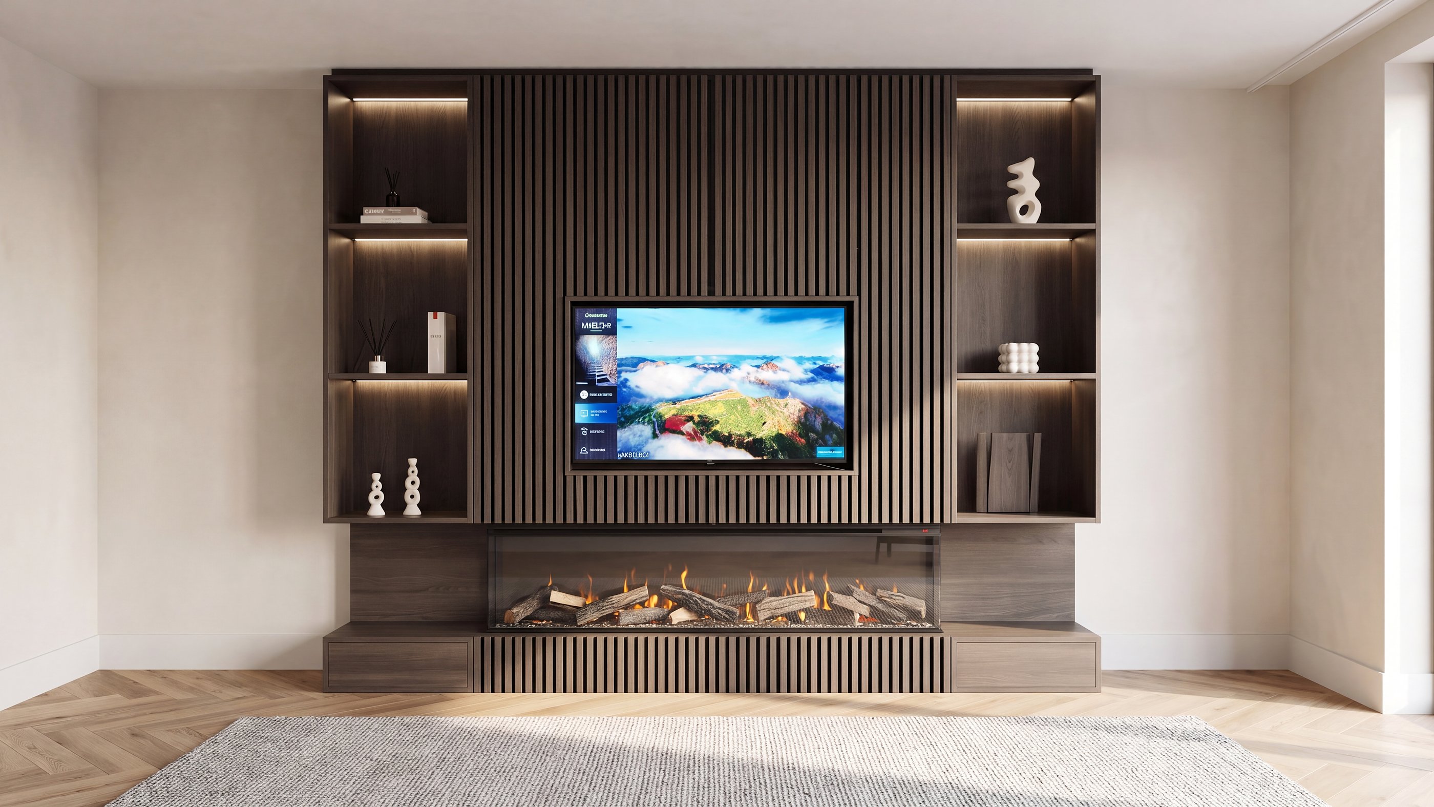 De lamellenwand in een woonkamer: verticale latten in donker eiken, een verzonken televisie en een driezijdige haard met brandende houtblokken